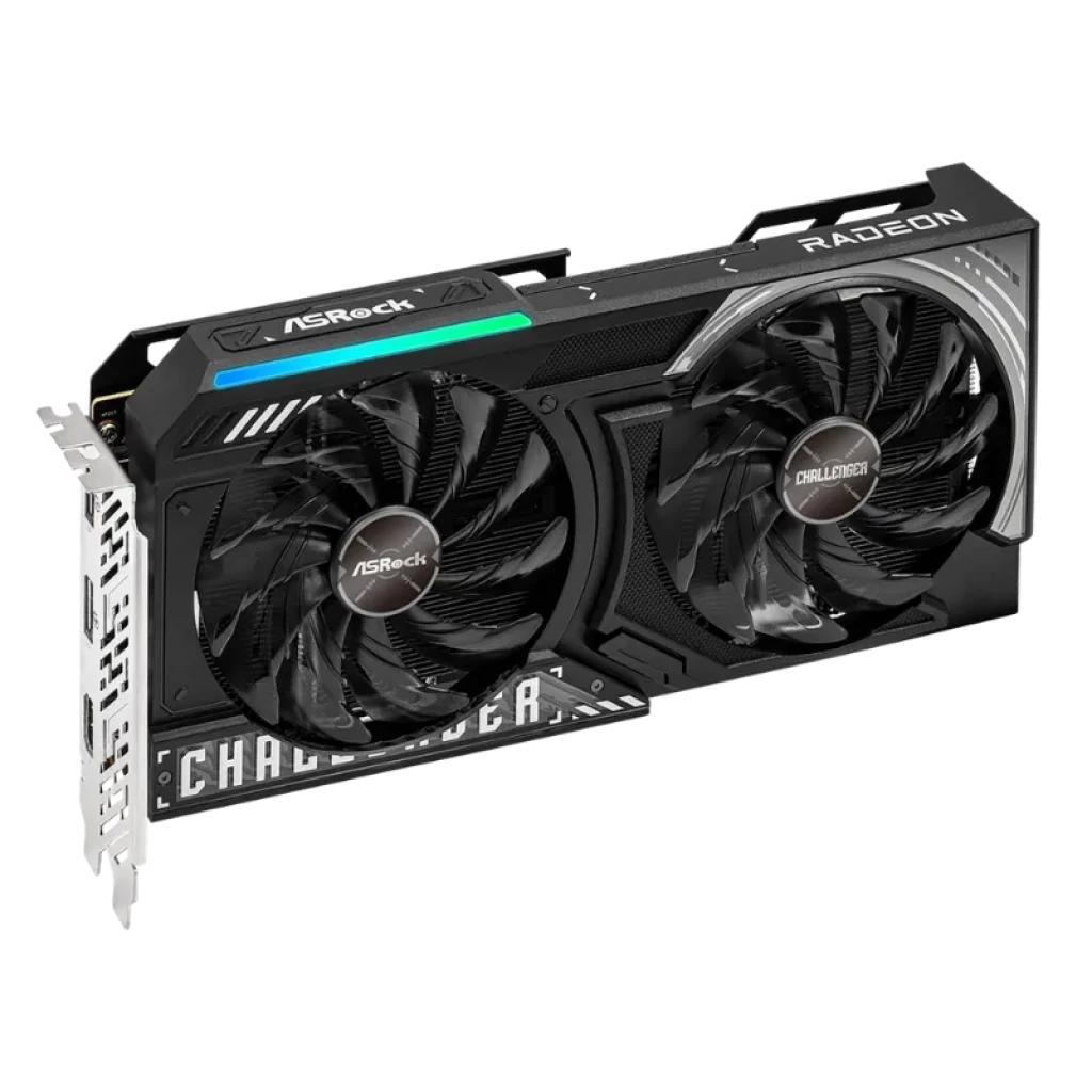 Asrock AMD Radeon Challenger RX 9060 XT 16GB OC GDDR6 con doble ventilador, diseño negro con detalles en gris, backplate metálico y puertos DisplayPort y HDMI