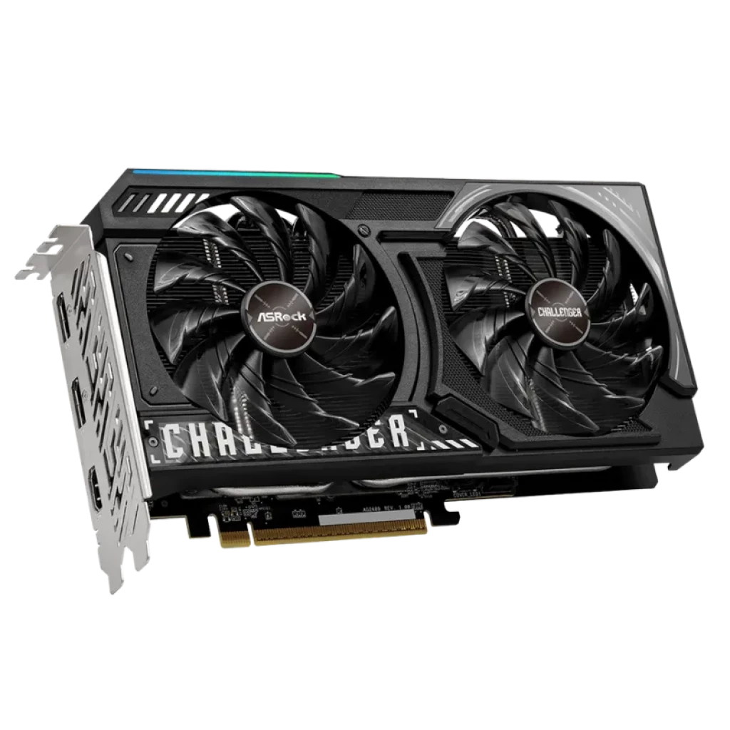 Asrock AMD Radeon Challenger RX 9060 XT 16GB OC GDDR6, tarjeta gráfica negra con dos ventiladores grandes, backplate metálico y diseño robusto
