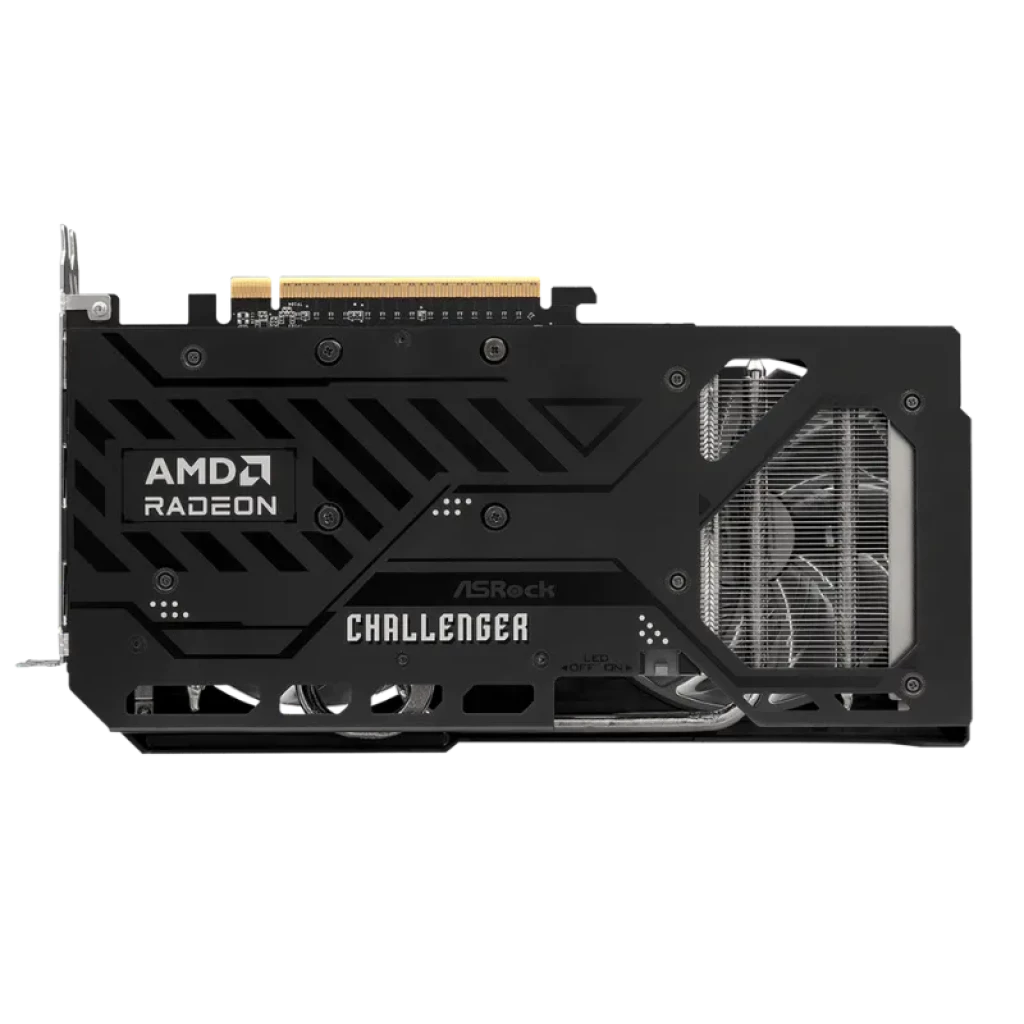 Asrock AMD Radeon Challenger RX 9060 XT 16GB OC GDDR6, backplate negro con franjas diagonales, ventilador lateral visible y conector PCIe dorado superior