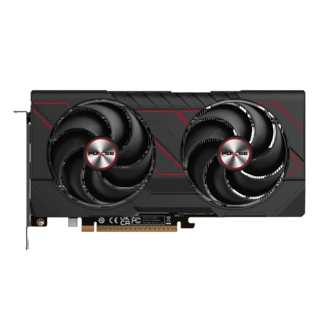 Sapphire PULSE AMD Radeon RX 9060 XT con doble ventilador negro, detalles rojos, cubierta robusta y conector PCIe; vista frontal
