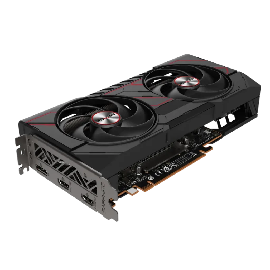 Sapphire PULSE AMD Radeon RX 9060 XT con dos ventiladores negros, carcasa robusta negra con detalles rojos, vista a 45 grados