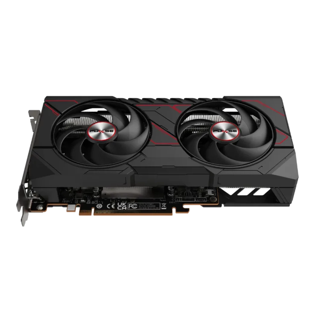 Sapphire PULSE AMD Radeon RX 9060 XT 16GB GDDR6 con doble ventilador, carenado negro con detalles rojos y puertos traseros múltiples