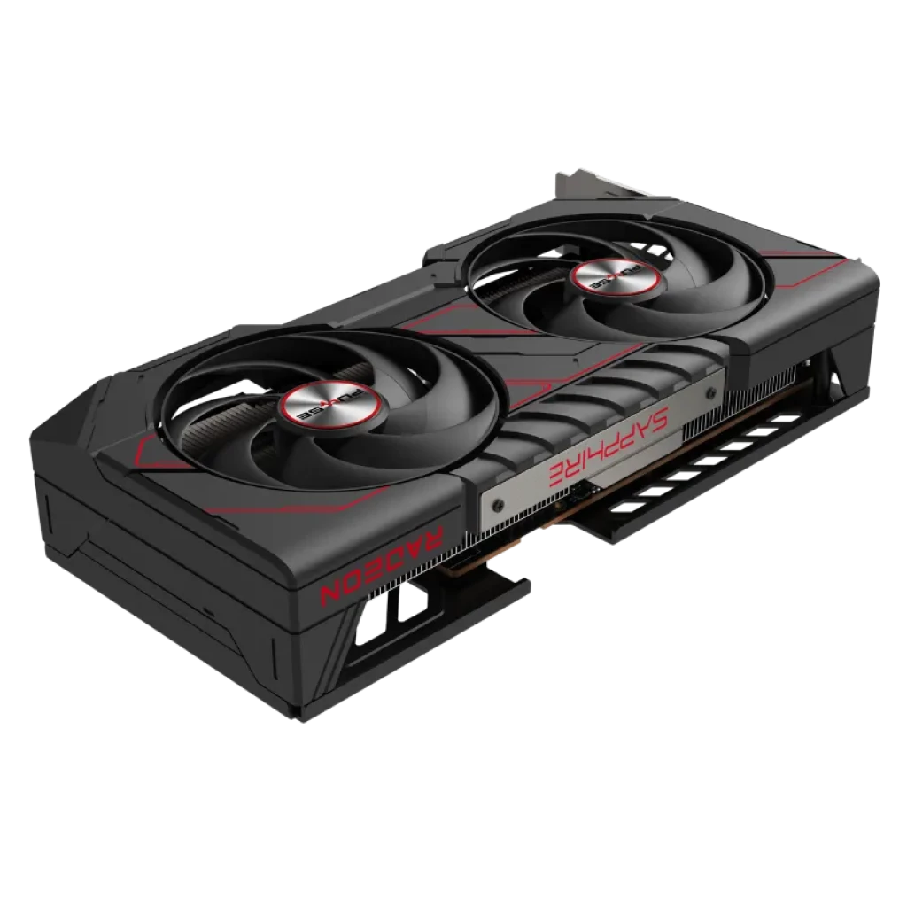 Sapphire PULSE AMD Radeon RX 9060 XT negra con dos ventiladores grandes, carcasa robusta con detalles rojos y puertos de alimentación