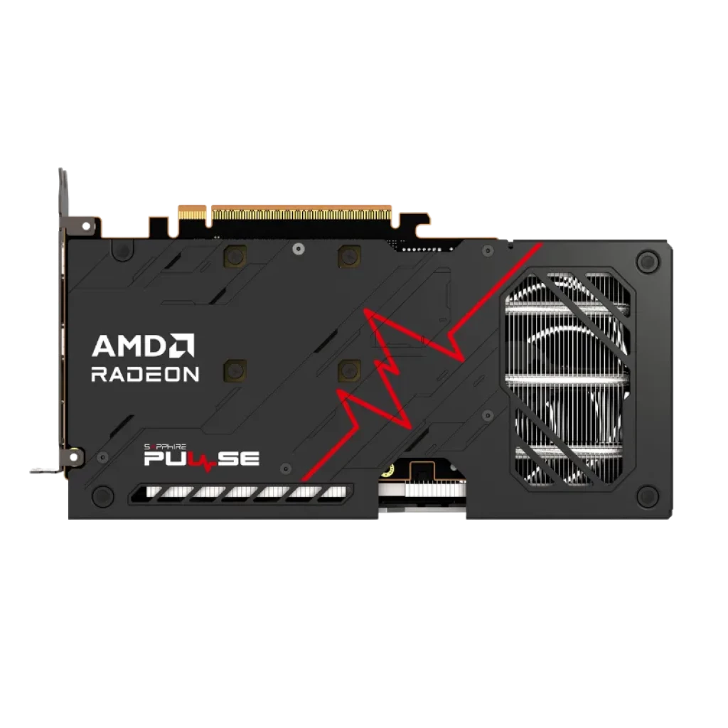Tarjeta gráfica Sapphire PULSE RX 9060 XT negra con backplate metálico, ventilación lateral visible y detalle rojo en forma de pulso