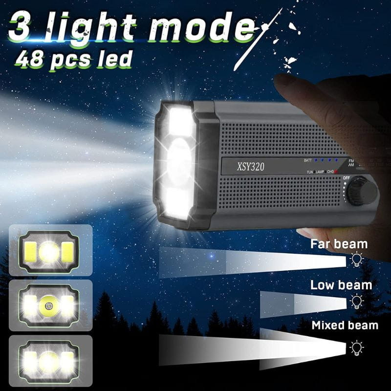 Radio d'urgence portable 5000 mAh, gris et noir, 3 modes lampe torche