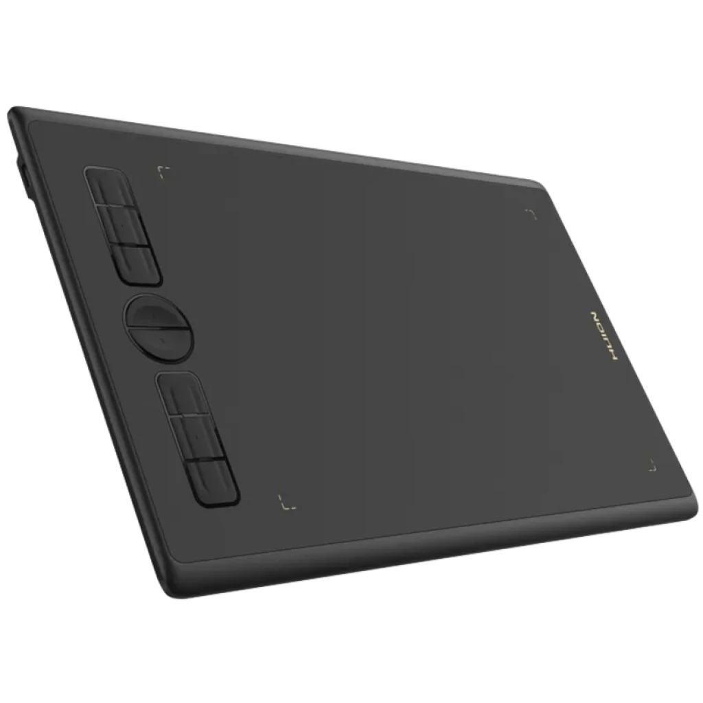 Huion H580X com 8 teclas programáveis, superfície ampla preta, cantos arredondados, pontos de referência nos cantos e layout ergonômico para desenho digital