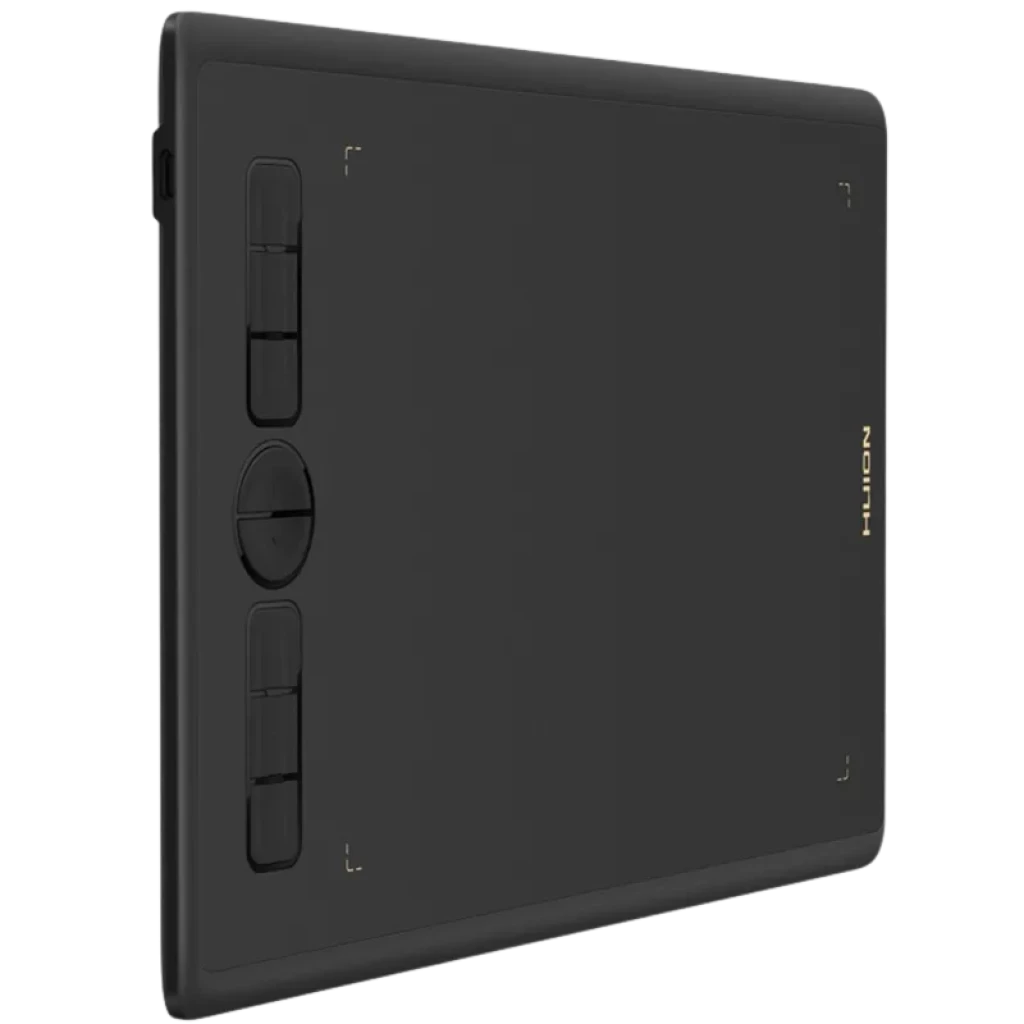 Huion H580X com 8 teclas programáveis à esquerda, superfície preta ampla, cantos arredondados e corpo fino, ideal para desenho e edição digital