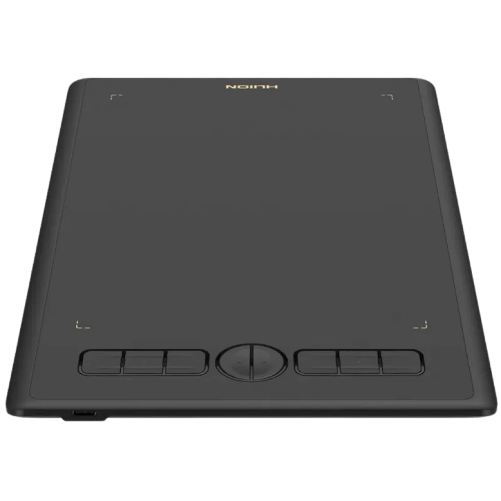 Huion H580X com 8 teclas programáveis, superfície preta ampla e botão central; mesa gráfica fina com porta USB lateral e áreas de atalho marcadas