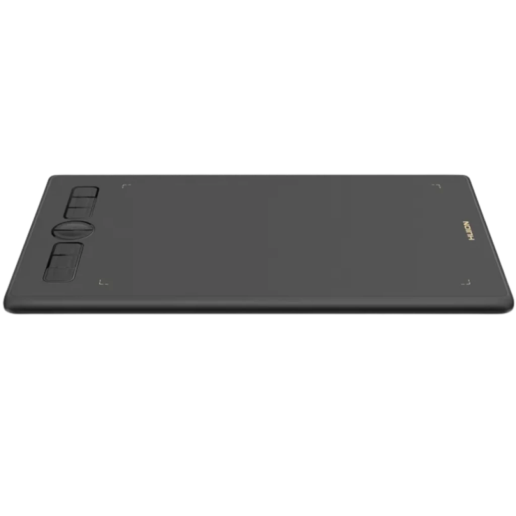 Huion H580X com 8 teclas programáveis, superfície preta ampla e fina, cantos arredondados, área ativa demarcada e rolagem central para atalhos