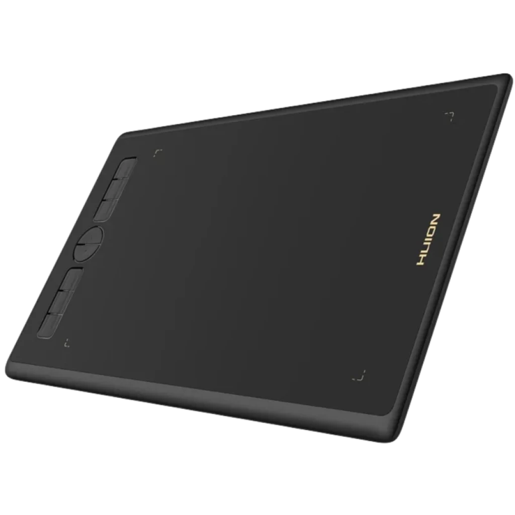 Huion H580X com superfície preta ampla, 8 teclas programáveis laterais e dial central, cantos arredondados e acabamento fosco elegante