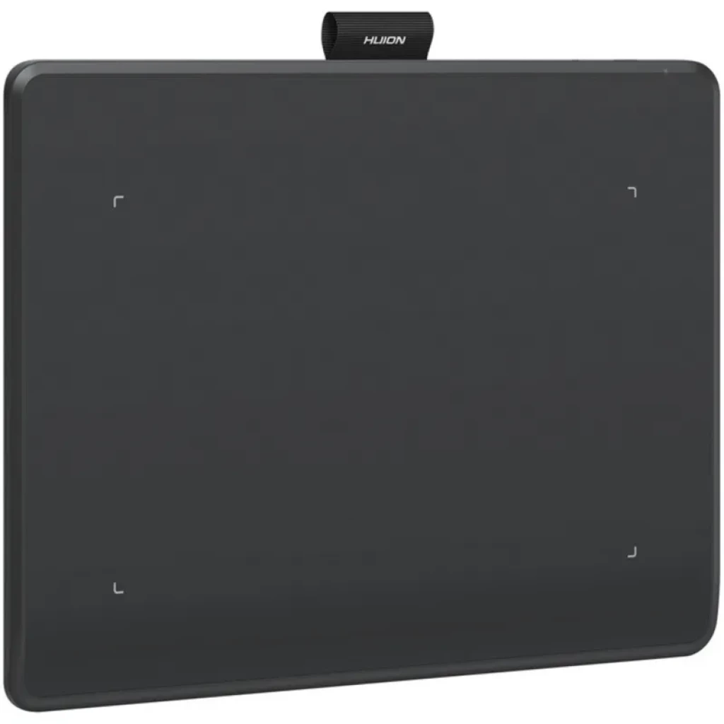 Tablette graphique Huion Inspiroy Frego S L310 noire, surface mate avec repères de zone active, bords arrondis, sangle supérieure Huion, connectique USB-C et