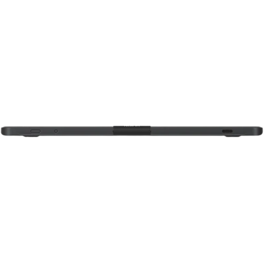 Profil latéral de tablette graphique noire ultra fine avec stylet posé au centre, boutons latéraux visibles et port USB-C à droite, design minimaliste et