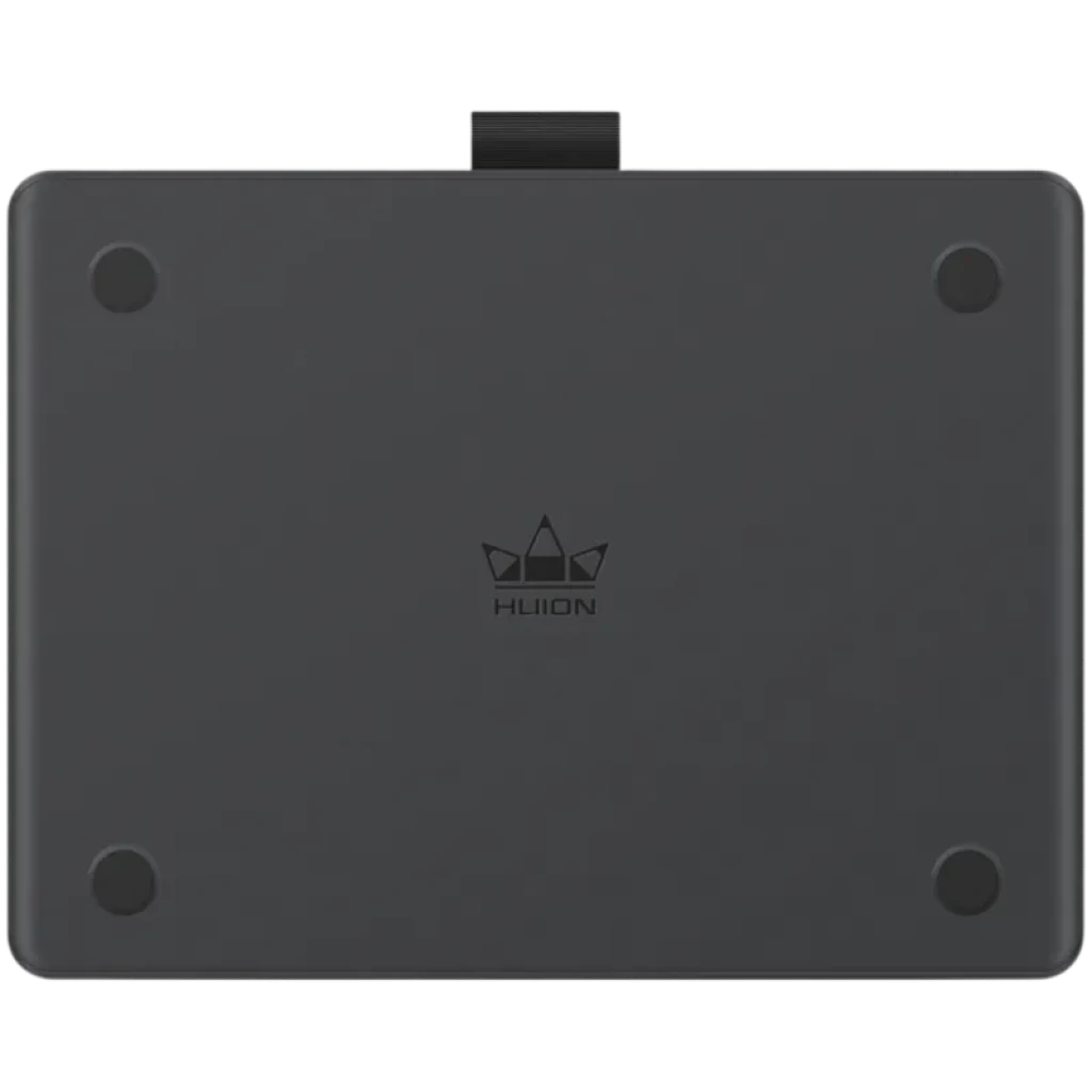 Dos de tablette graphique Huion Inspiroy Frego S L310 noir mat, logo central, quatre pieds antidérapants ronds, bord droit avec languette de fixation