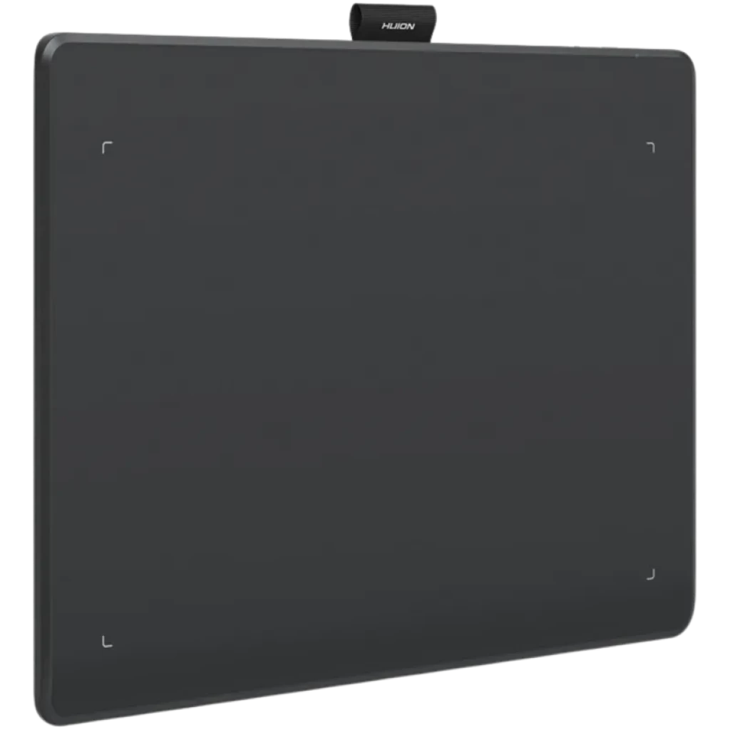 Tableta gráfica Huion Inspiroy Frego M L610 negra, superficie amplia con marcadores de área activa, bordes redondeados y clip superior para sujetar el lápiz