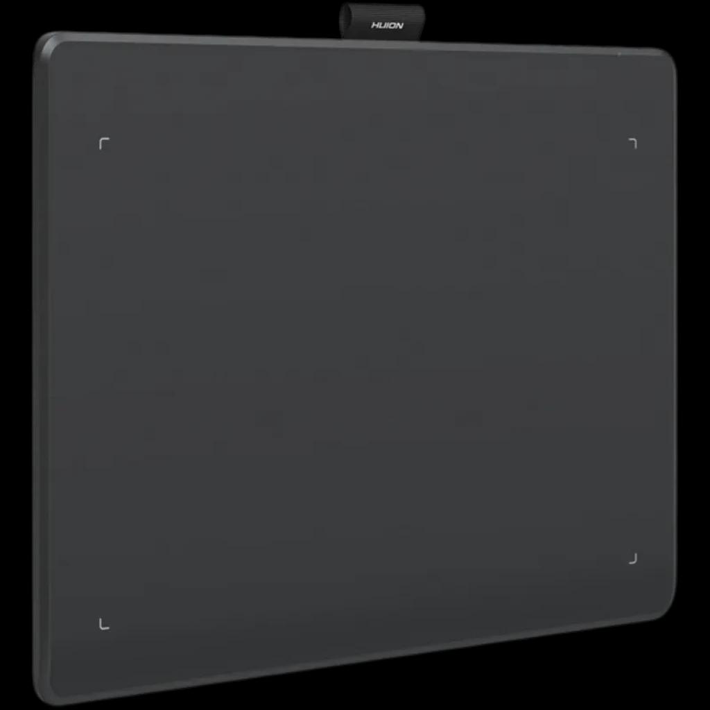 Tableta gráfica Huion Inspiroy Frego M L610 negra, superficie amplia con marcadores de área activa, bordes redondeados y clip superior para sujetar el lápiz