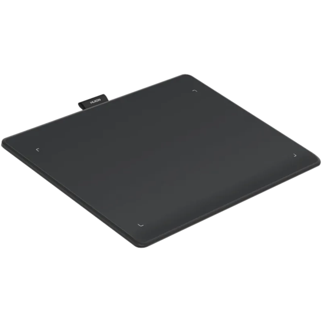 Tableta gráfica Huion Inspiroy Frego M L610, superficie negra mate amplia con esquinas redondeadas y marcas de área activa; perfil delgado y puerto superior