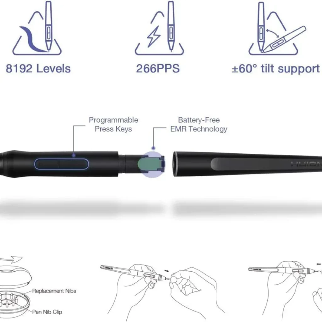 Huion Q620M caneta gráfica sem bateria com 8192 níveis, 266 PPS e suporte a inclinação ±60°, teclas programáveis e pontas de reposição incluídas