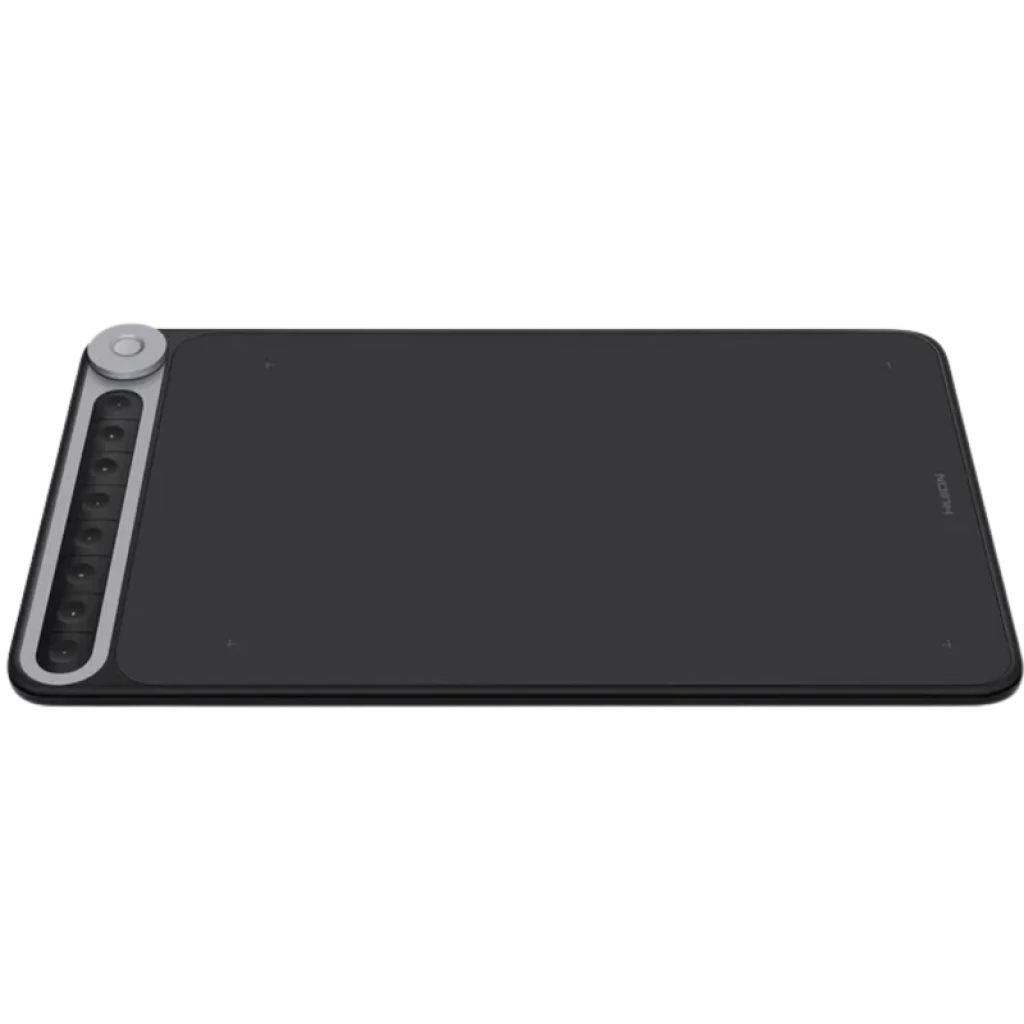Huion Q620M Tablet gráfica com superfície ampla preta, 8 teclas expressas laterais e dial prateado, design fino, conectividade USB-C e sem fio 2,4 GHz