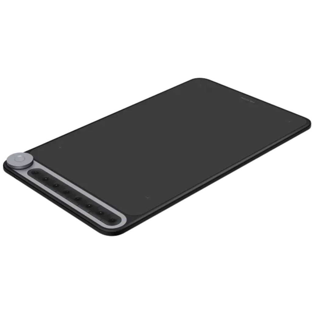 Huion Q620M Tablet gráfica preta com superfície ampla, roda de controle prateada e 8 botões programáveis laterais, cantos arredondados e design fino