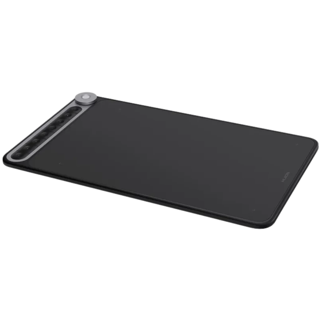 Huion Q620M Tablet gráfica preta com superfície ampla, 8 botões programáveis e dial prateado lateral; corpo fino, cantos arredondados, acabamento fosco