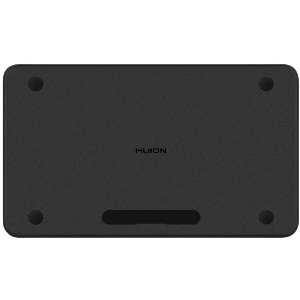 Huion Q620M Tablet gráfica, base traseira em preto texturizado com 4 pés de borracha antiderrapantes e abertura retangular central para apoio e ventilação
