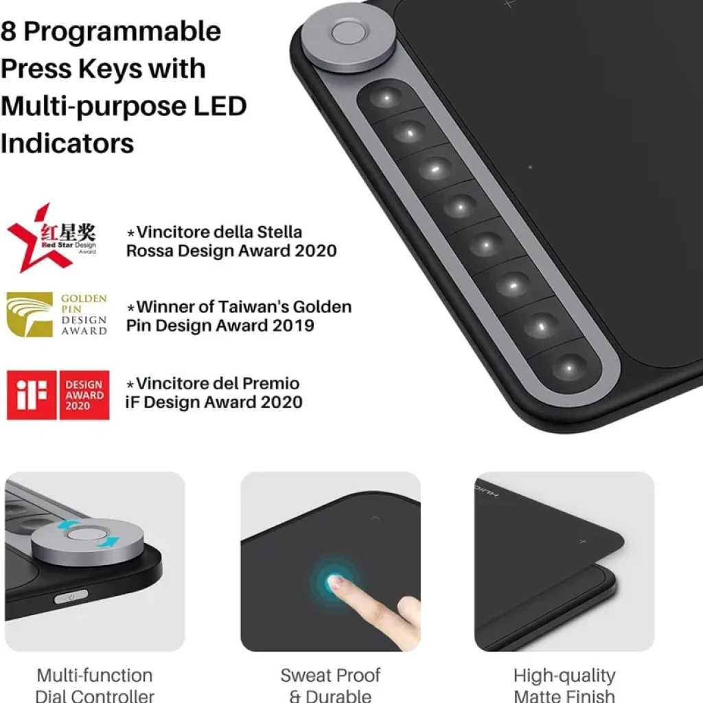 Huion Q620M Tablet gráfica com 8 teclas programáveis com LEDs, dial multifunção, superfície fosca antiderrapante e toque responsivo; USB‑C e sem fio 2,4