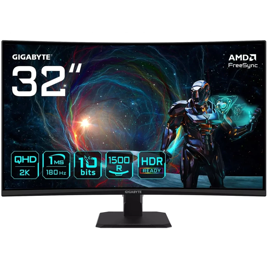 GIGABYTE GS32QCA monitor curvo 32 pulgadas QHD 2K con 180 Hz, 1 ms, 10 bits, HDR Ready y FreeSync; biseles delgados y soporte robusto en negro