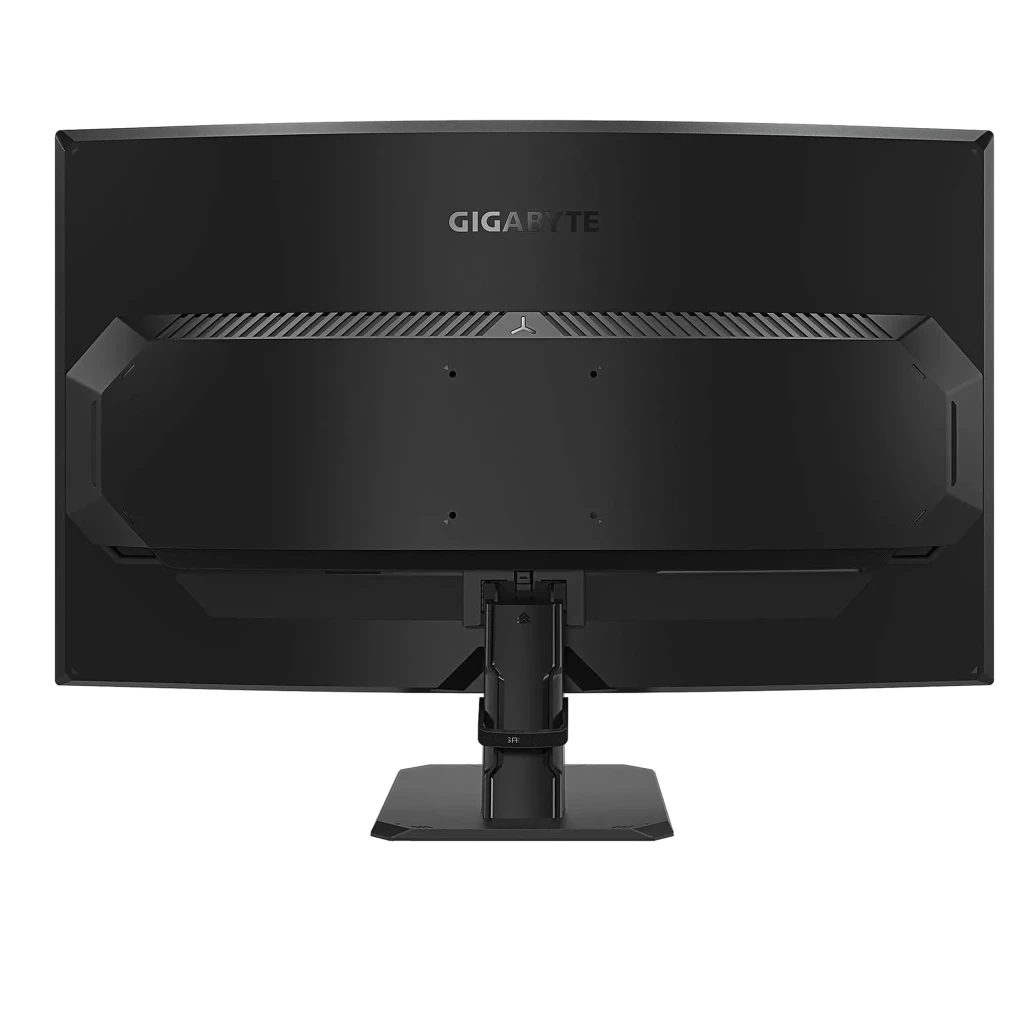 Parte trasera del monitor GIGABYTE GS32QCA negro con soporte ajustable, montura VESA central y rejillas de ventilación superiores en diseño angular elegante