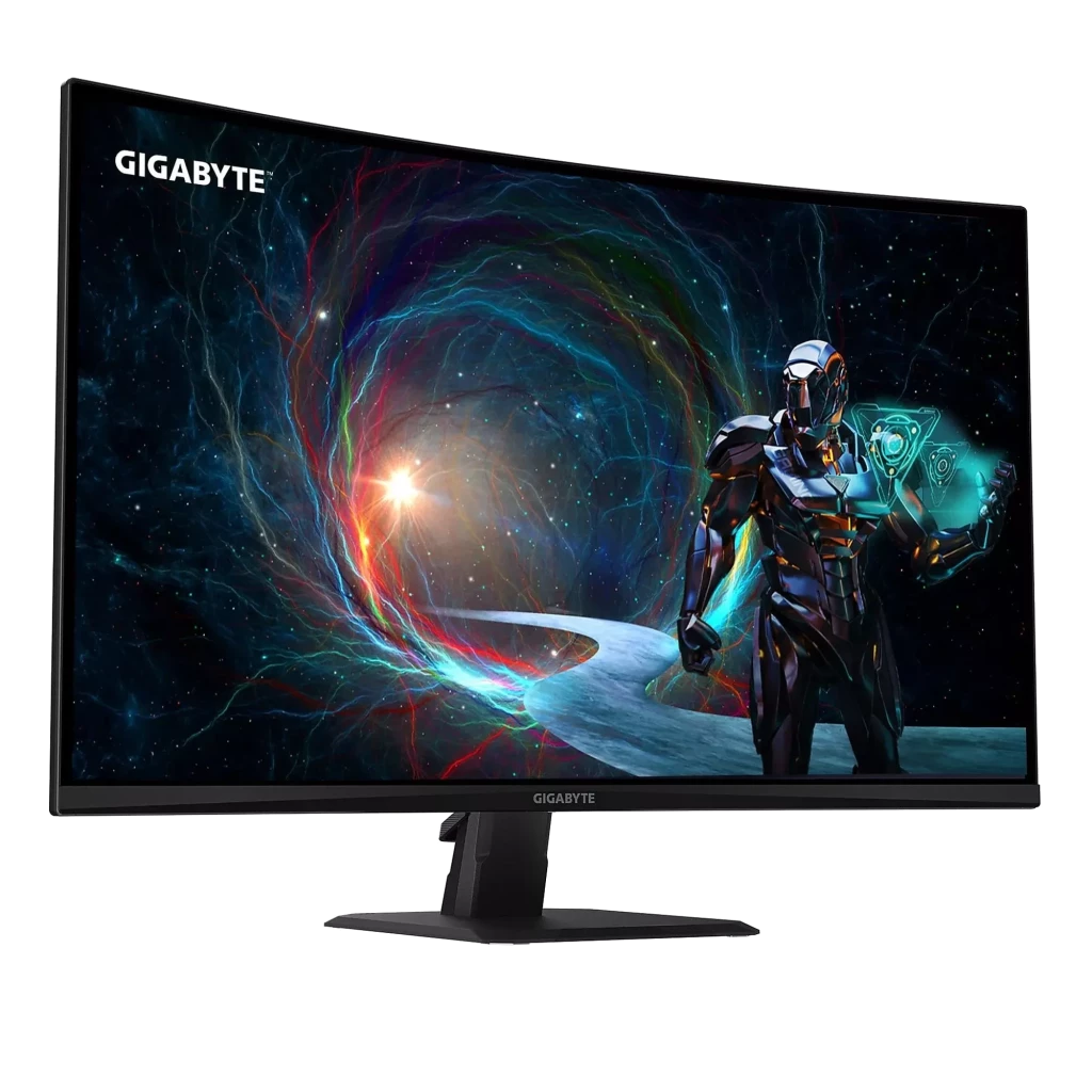 Monitor curvo GIGABYTE GS32QCA de 32 pulgadas, biseles finos, panel LED Quad HD, acabado negro, base ajustable y diseño gaming inmersivo con imagen vibrante