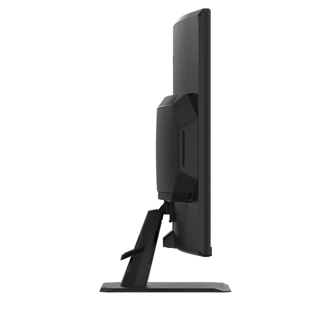 Monitor GIGABYTE GS32QCA de 32 pulgadas en color negro, vista lateral con perfil delgado, soporte robusto y diseño moderno para escritorio gaming