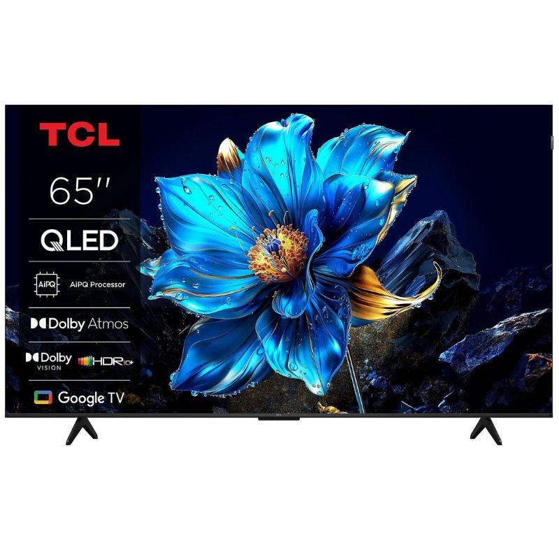 TCL 65P7K 65" 4K UHD Smart TV Preto com painel QLED, bordas finas, pés duplos, logos Dolby Atmos/ Vision, HDR e Google TV exibidos na tela.