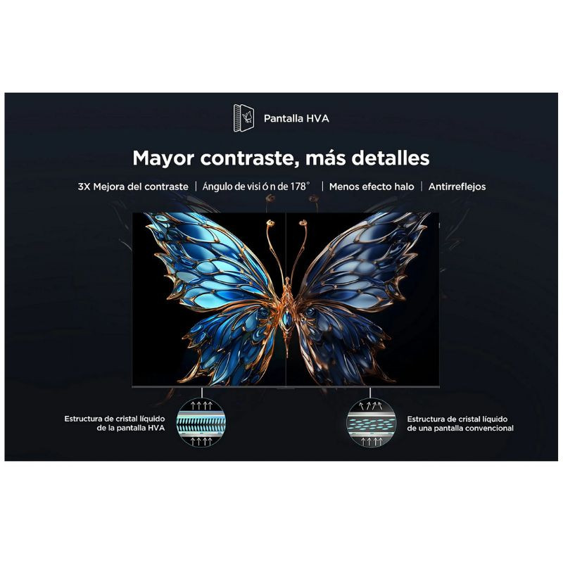 TCL 65P7K 65" 4K UHD Smart TV preta com tela HVA: alto contraste, ângulo de visão 178°, menos halo e antirreflexo; detalhes nítidos e cores vivas.