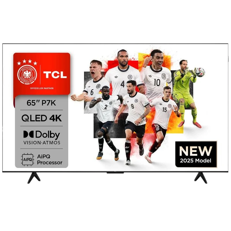 TCL 65P7K 65" 4K UHD Smart TV preto - Sem Selo, tela fina com bordas mínimas, pés duplos, selo QLED, Dolby Vision-Atmos e destaque “NEW 2025 Model” na lateral.