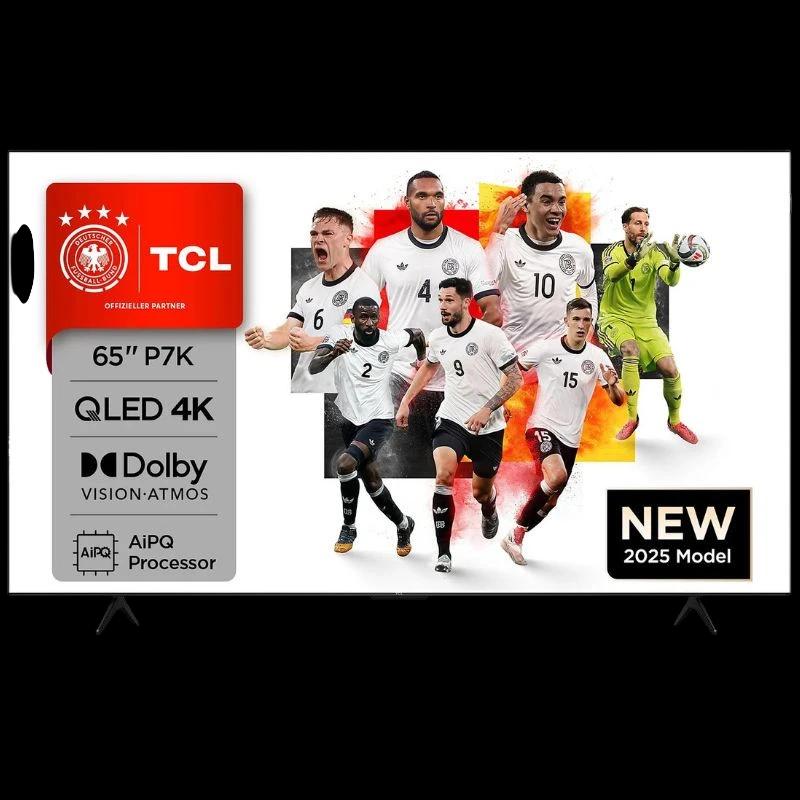 TCL 65P7K 65" 4K UHD Smart TV preto - Sem Selo, tela fina com bordas mínimas, pés duplos, selo QLED, Dolby Vision-Atmos e destaque “NEW 2025 Model” na lateral.
