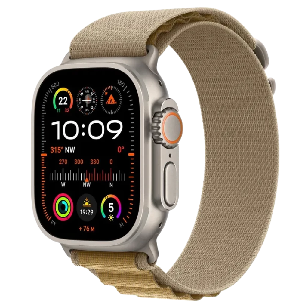 Apple Watch Ultra 2 49 mm em titânio prateado, tela retangular com mostrador multicolorido e coroa laranja, bracelete Alpine bronzeado em tecido ajustável