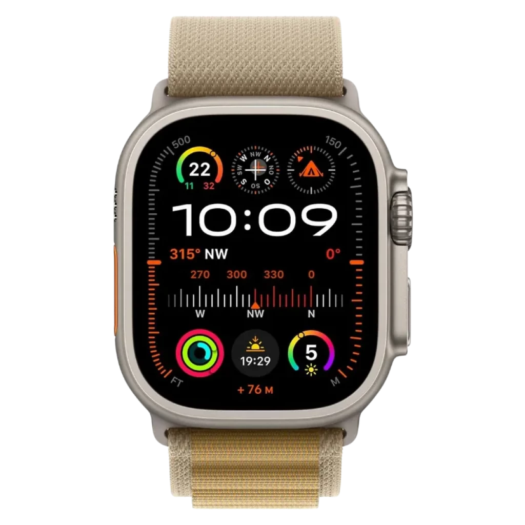 Apple Watch Ultra 2 49 mm GPS + Cellular, boîtier titane, écran lumineux avec widgets multicolores, couronne et bouton latéral proéminents, bracelet Alpine