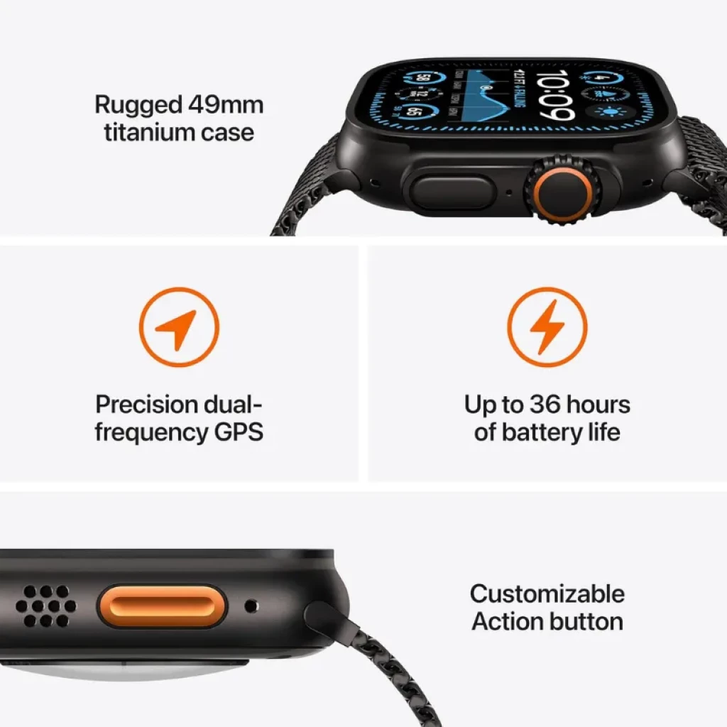 Apple Watch Ultra 2 49 mm titane, écran lumineux, couronne orange, bouton Action personnalisable, GPS bi-fréquence, autonomie jusqu’à 36 h, bracelet