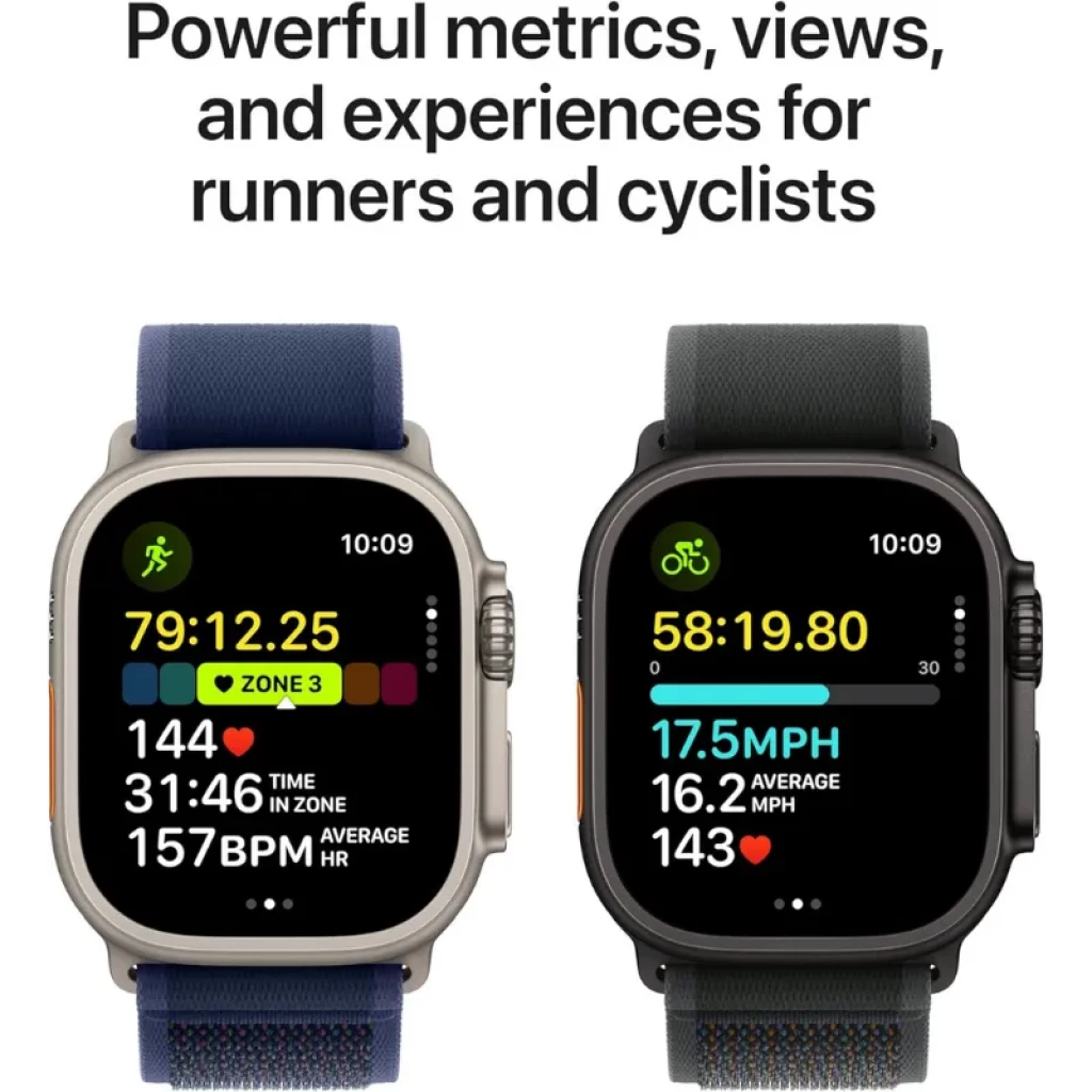 Apple Watch Ultra 2 GPS + Cellular 49 mm, écran lumineux avec coins arrondis, boîtier titane, complications sport colorées, bracelet Alpine bronzé robuste