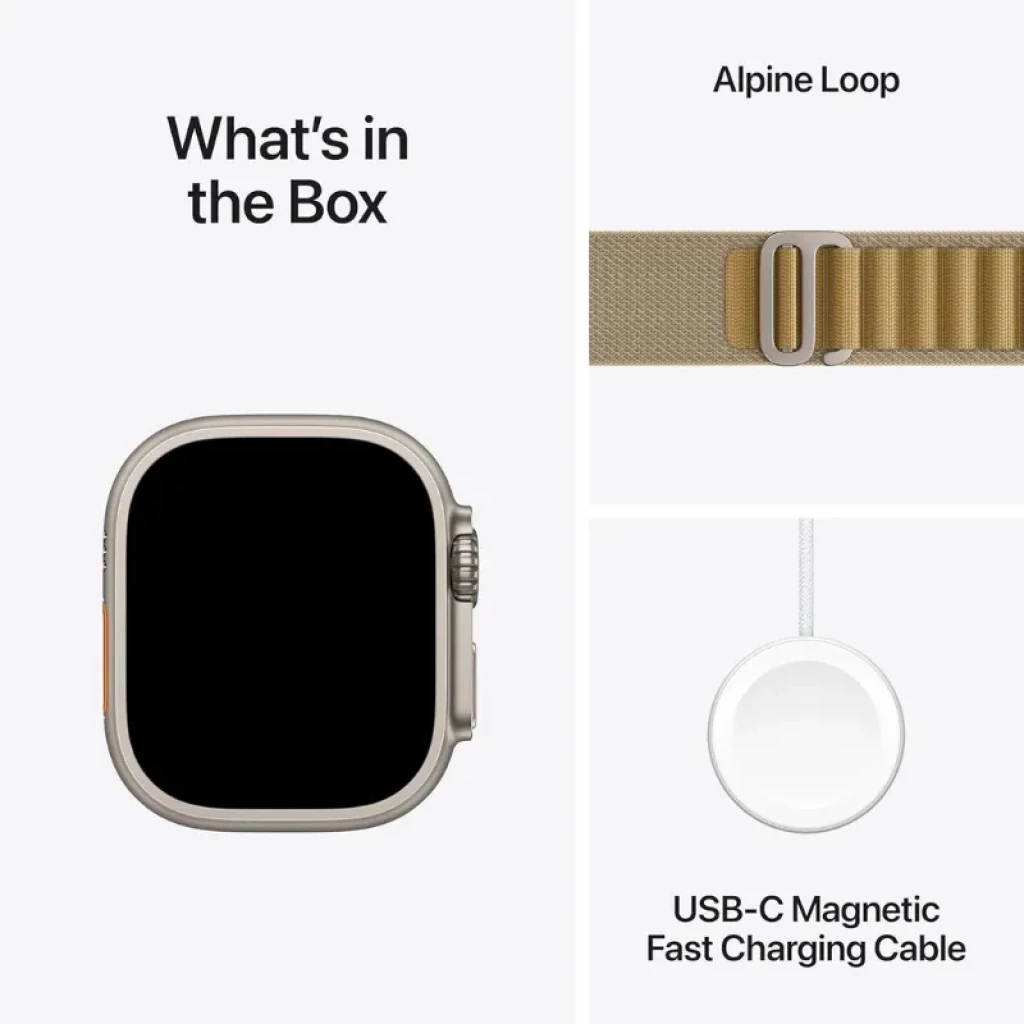 Apple Watch Ultra 2 49 mm boîtier titane, écran noir bord fin, couronne latérale, bracelet Alpine bronzé à boucle métallique, câble USB C magnétique