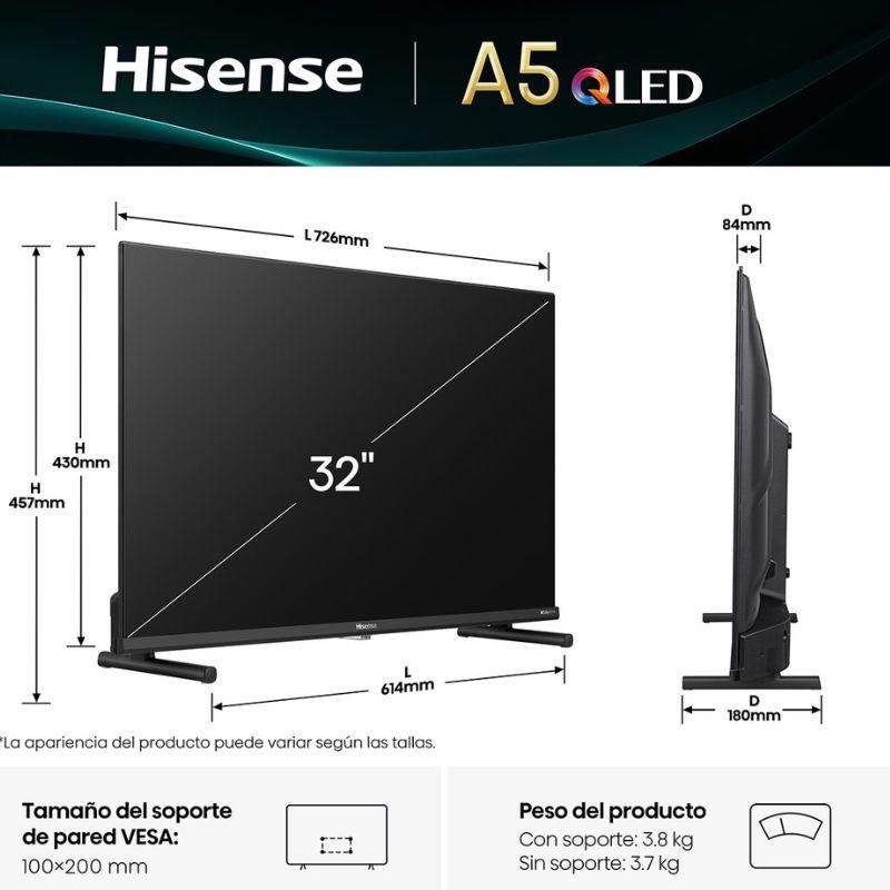 Hisense 32A5Q 32 Full HD QLED Smart TV preto com moldura fina, pés duplos, porta lateral, espessura delgada e compatível com suporte VESA 100x200