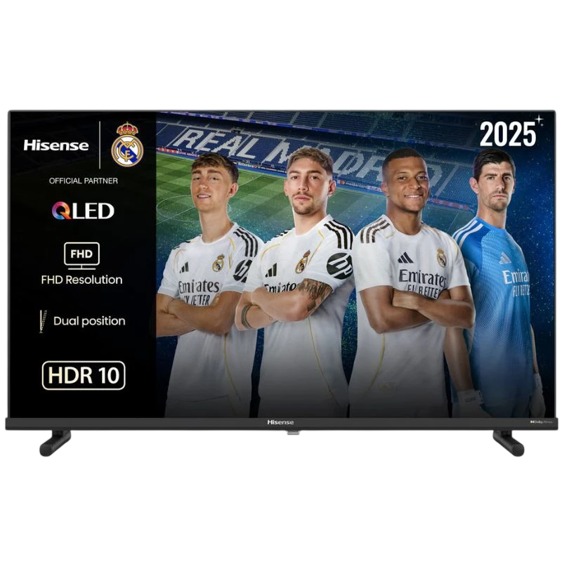 Hisense 32A5Q 32" Full HD QLED Smart TV Preto com HDR10, painéis finos, base dupla ajustável e destaque de parceria oficial do Real Madrid