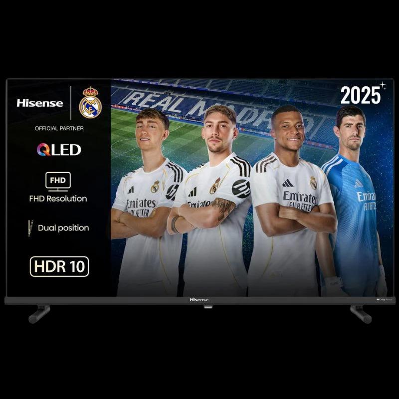 Hisense 32A5Q 32" Full HD QLED Smart TV Preto com HDR10, painéis finos, base dupla ajustável e destaque de parceria oficial do Real Madrid