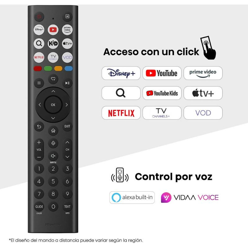 Controle remoto preto da Hisense com botões coloridos de atalho (Disney+, Prime Video, YouTube, Netflix) e microfone para Alexa e VIDAA Voice.