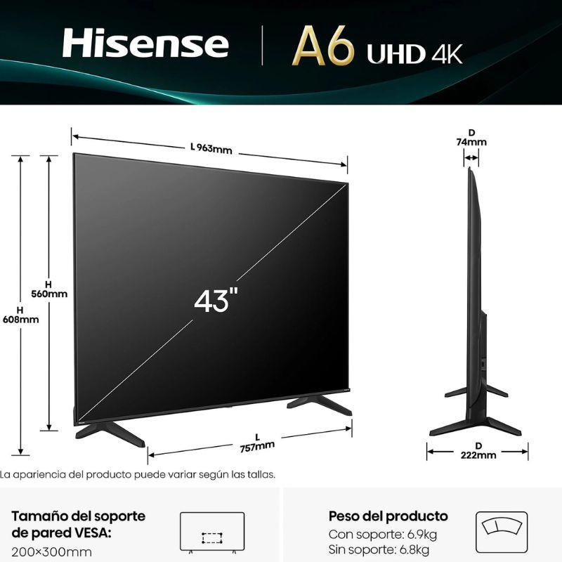 Smart TV Hisense 43A6Q 43" 4K UHD, tela LED fina com bordas estreitas, suporte VESA 200x300 mm, pés duplos, perfil ultrafino de 74 mm, preta.