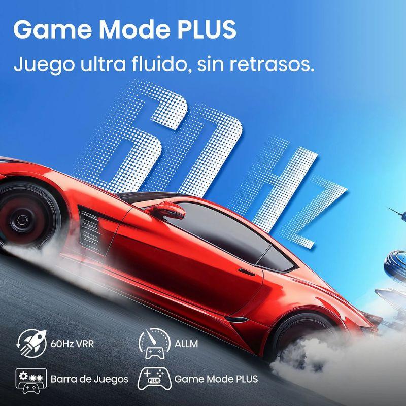 Hisense 43A6Q 43" 4K UHD LED preto com destaque para Game Mode PLUS, 60Hz VRR, ALLM e barra de jogos; visual dinâmico com carro esportivo em ação.