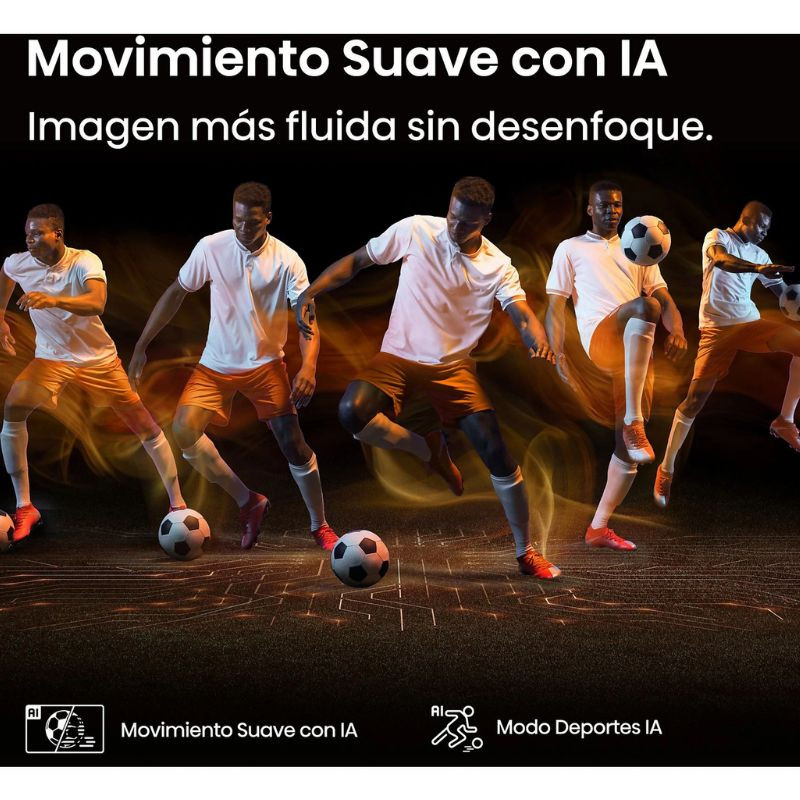 Hisense 43A6Q 43" 4K UHD LED preta exibindo futebol com trilha de movimento; destaque para Movimento Suave com IA e Modo Esportes IA sem desfoque