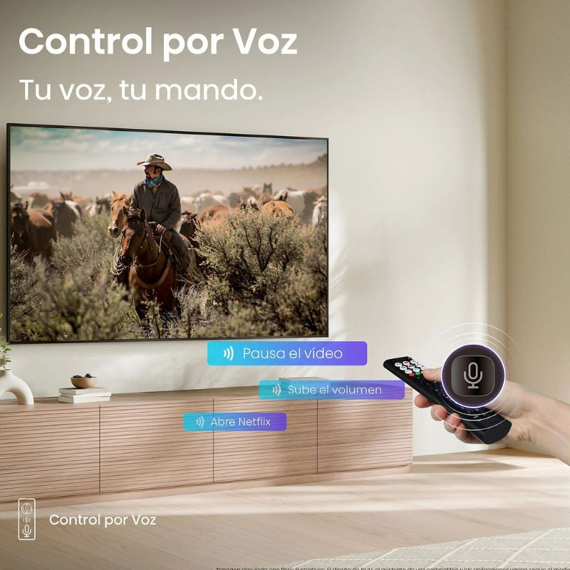 Hisense 50A6Q 50" 4K UHD LED Smart TV negro con control por voz; mando con botón de micrófono, interfaz de apps y escena nítida en pantalla grande.
