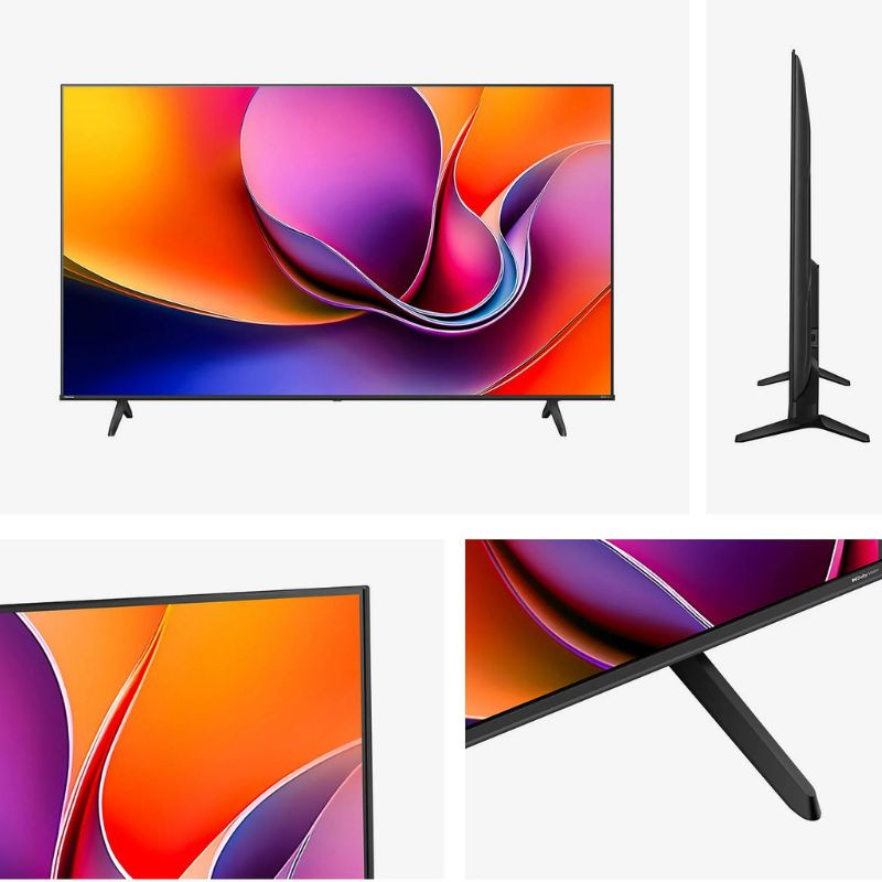Hisense 50A6Q 50" 4K UHD: pantalla LED casi sin bordes, diseño ultrafino en negro, patas en V separadas, biseles mínimos y colores vivos en panel plano.
