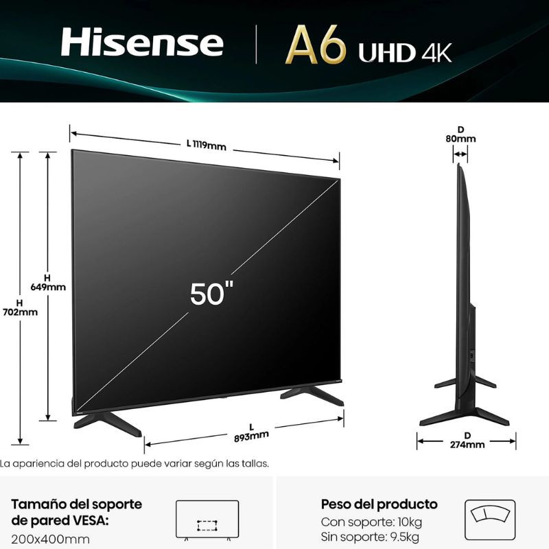 Hisense 50A6Q 50" 4K UHD LED Smart TV negro, diseño delgado con biseles mínimos, patas dobles, VESA 200x400 mm, puertos traseros, perfil 74 mm.