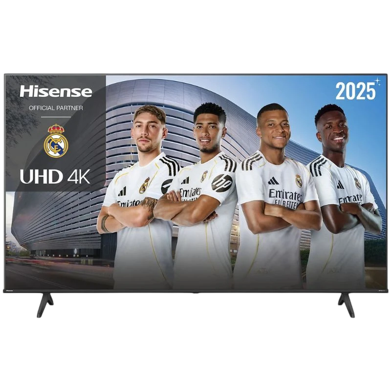 TV Hisense 50A6Q 50" 4K UHD negro, pantalla LED con biseles delgados, patas dobles, logotipos UHD 4K y Real Madrid 2025+ en la esquina izquierda.